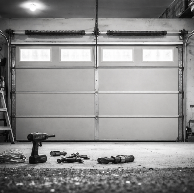 pair of residential garage doors unequal widths on brick wall