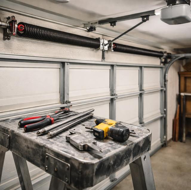 garage service technician inspecting residential door opener with tablet