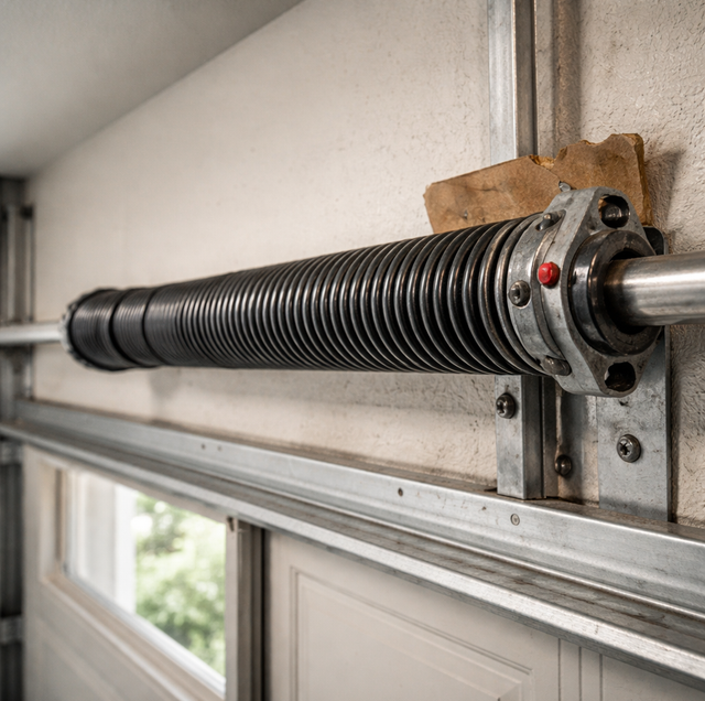 silver garage door torsion spring covered in oily residue