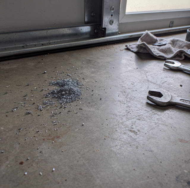Wrenches and a cloth rag on a concrete floor near a metal-framed window with scattered debris.