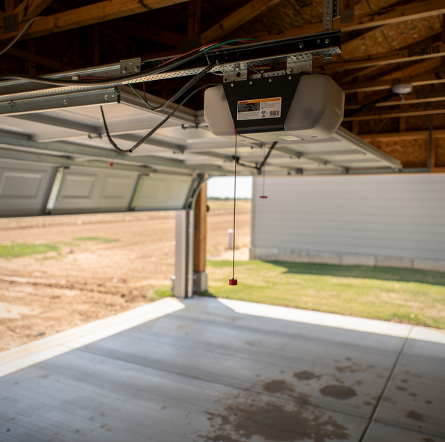 technician pointing at aged garage door opener unit