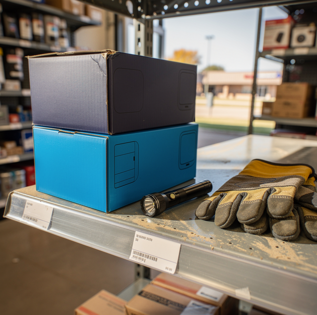 Stacked boxes with a flashlight and work gloves displayed on a shelf in a store.