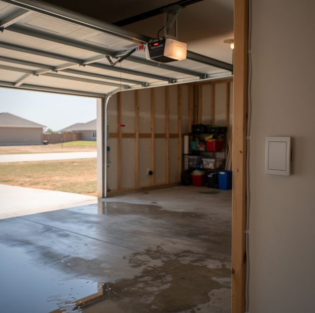 An open garage with a wet concrete floor, shelving unit with storage containers, and a view of the yard beyond.