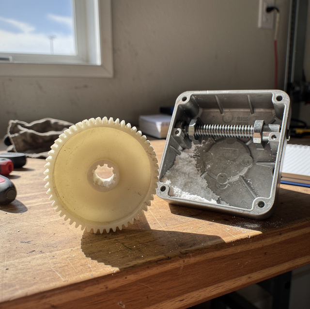 worn nylon gear teeth beside steel worm shaft