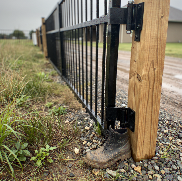 A metal gate with a scale and rope on a dirt road in an open field.