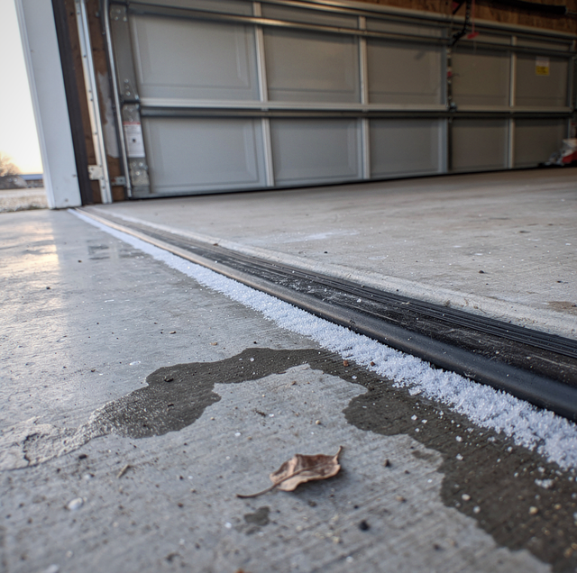 Frozen garage door bottom seal stuck to icy concrete slab