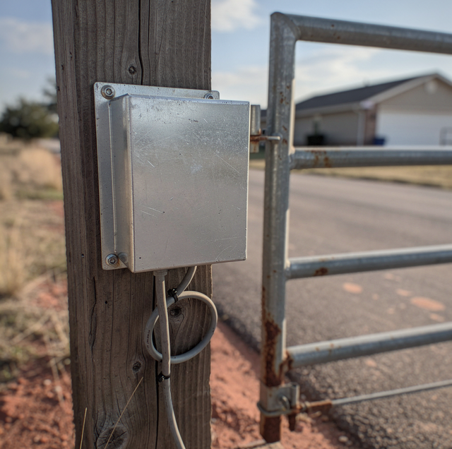 Metal electrical box mounted on wooden post next to metal gate with building and driveway in background.