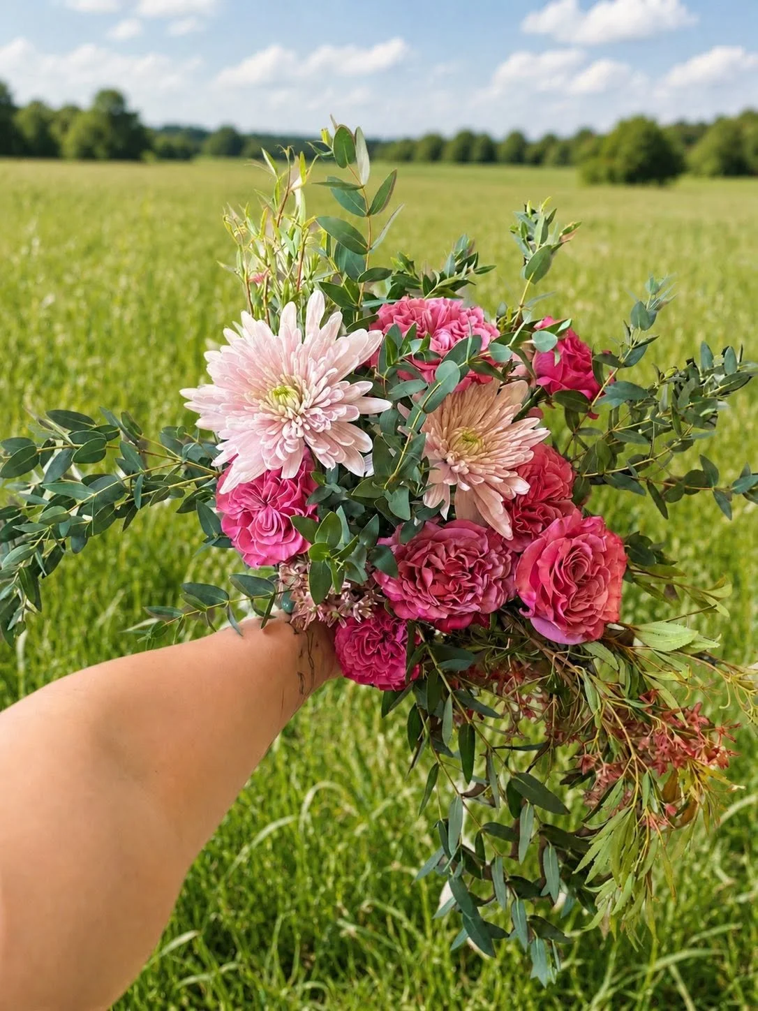 A hand holds a colorful bouquet of pink and white flowers with green leaves against a background of a green field and a partly cloudy sky.
