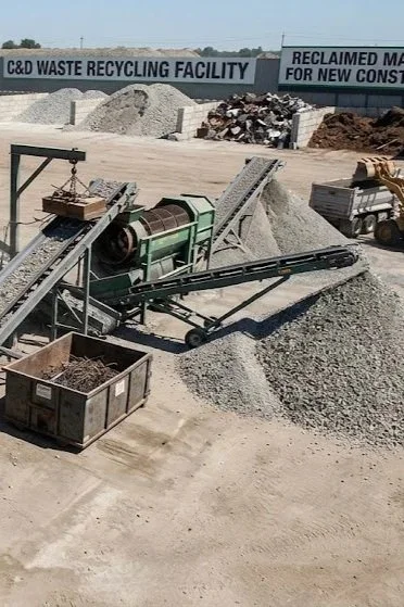 Industrial recycling facility with conveyor belts, piles of gravel, and signs reading 'C&D Waste Recycling Facility' and 'Reclaimed Material for New Construction'.