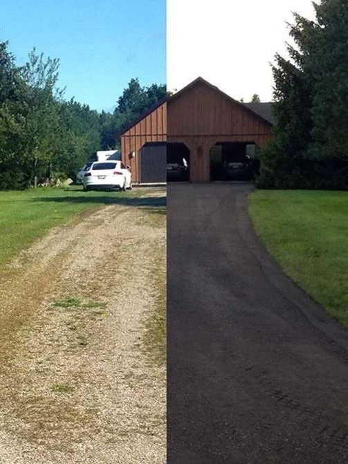 Split image of a driveway, showing a gravel path on the left and a paved asphalt driveway on the right, with a brown garage and trees in the background.