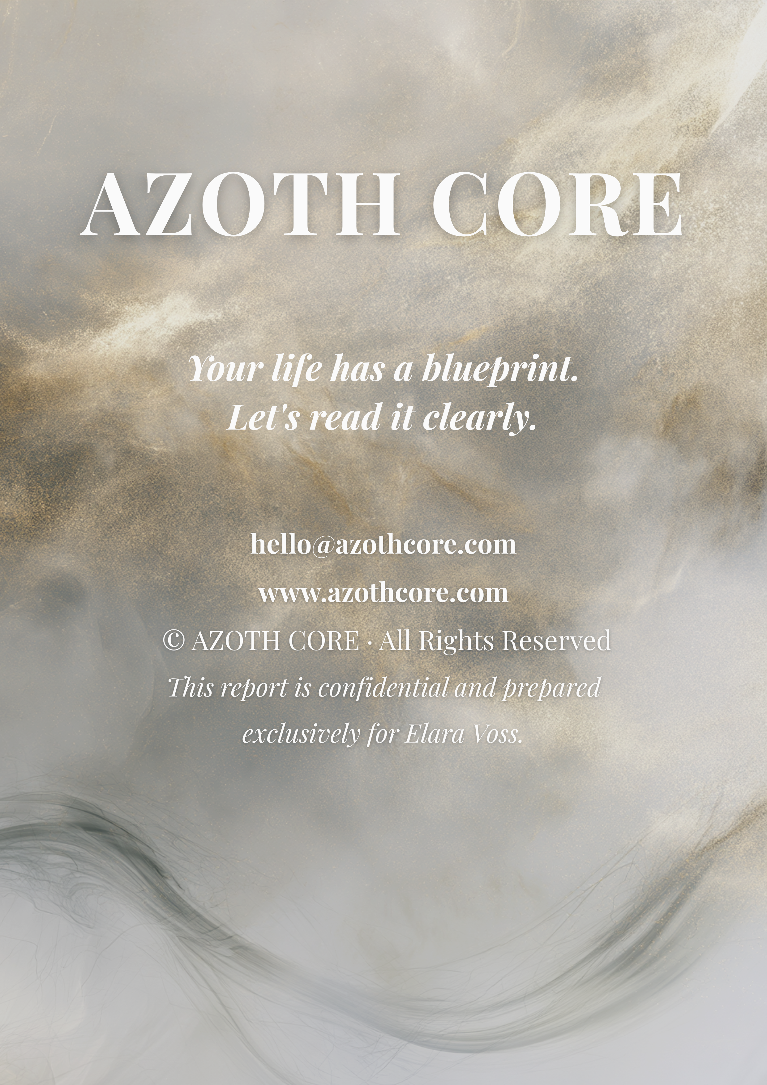 A promotional image for Azoth Core featuring a light, textured background with a flowing, cloudy design. Text on the image reads 'AZOTH CORE,' 'Your life has a blueprint. Let's read it clearly,' along with contact information including an email and website.