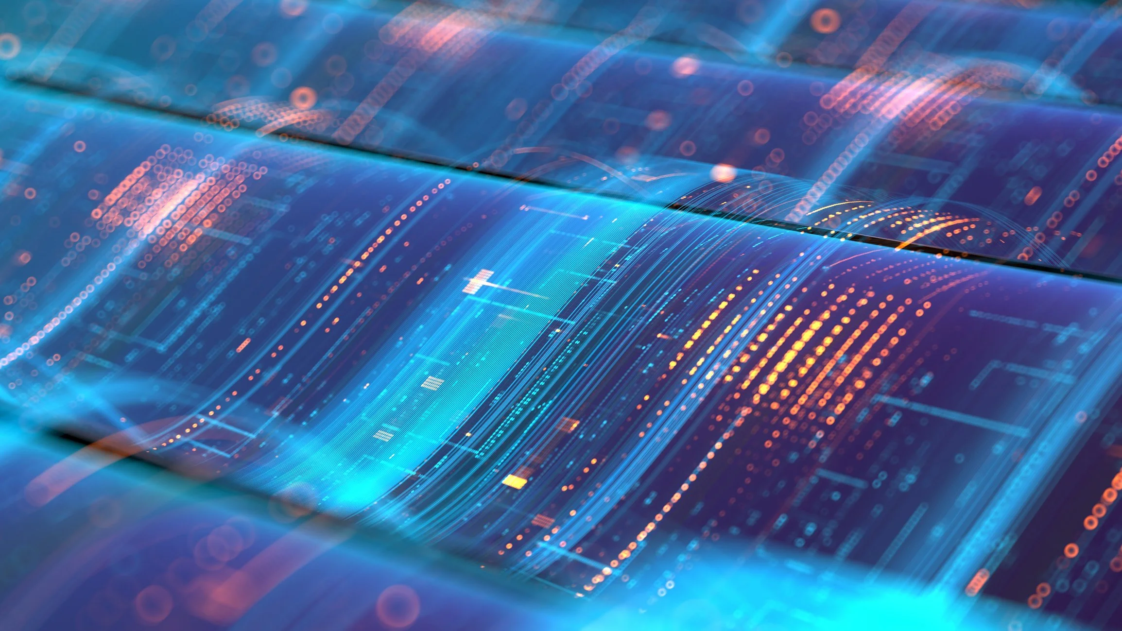 A digital abstract background with blue and orange neon lights and circuit-like patterns.
