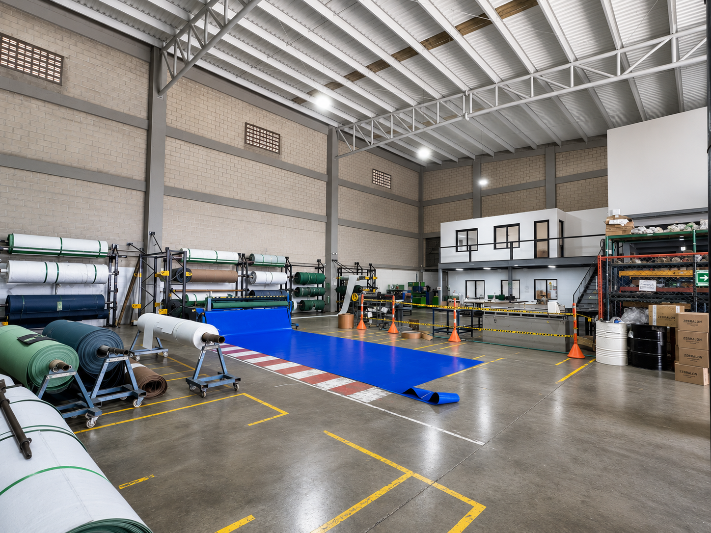 Interior de nuestra fábrica con rollos de bandas en estanterías y una máquina cortadora. Se observa un espacio amplio con techo de lámina, paredes de ladrillo y una zona delimitada en el piso con conos y cinta para control de acceso o seguridad.