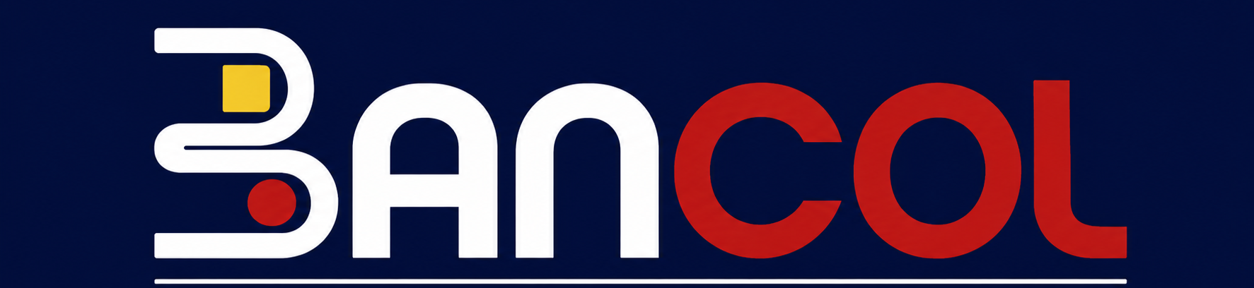 Logotipo con texto en letras grandes, que dice 'BAN' en blanco y 'COL' en rojo, sobre fondo azul oscuro.