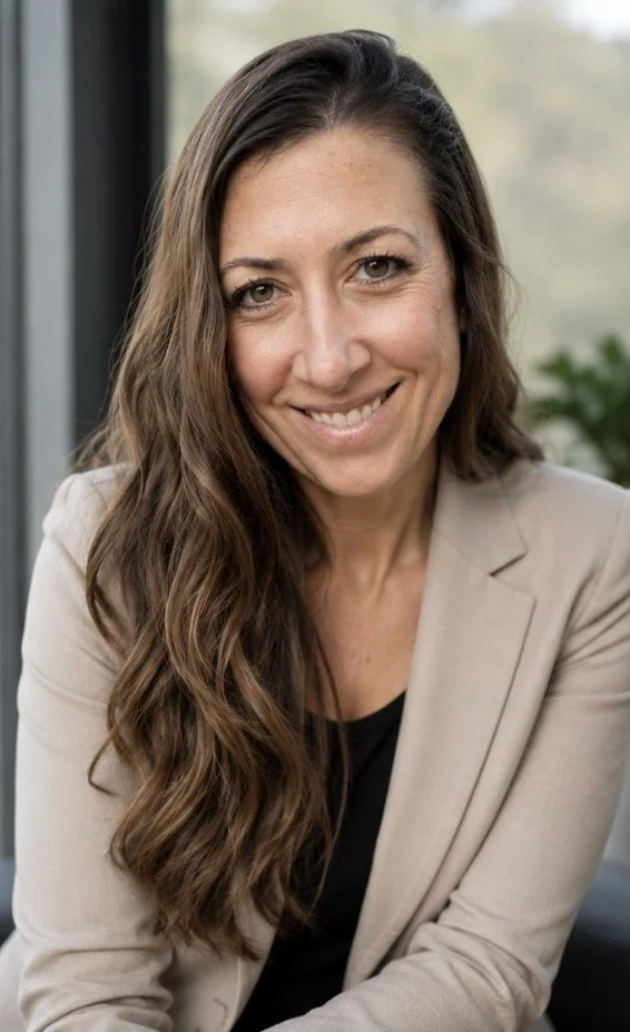 Portrait of a woman with long, wavy brown hair, smiling, wearing a beige blazer and black top, seated indoors with large windows and blurred greenery in the background.