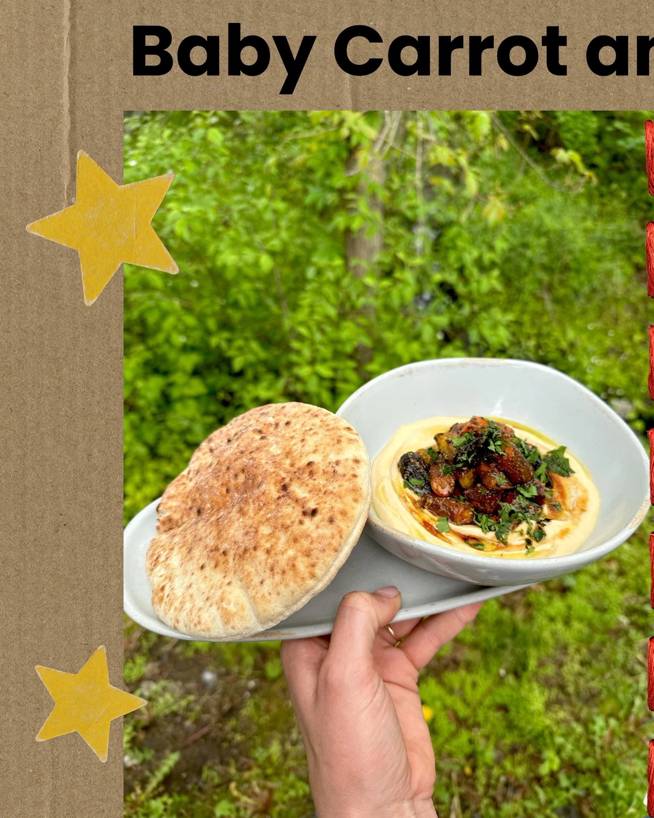 NEW SUMMER MENU ITEMS!!!!!

First up: dukkah roasted baby carrots, over a bed of creamy hummus, with pita, olive oil, and pomegranate molasses (so kindly gifted from @_raaaaaaaaaz_ ) 

More new food to come 🌿🌸🌈🫛🍅🥗