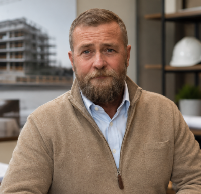 A middle-aged man with a beard wearing a tan sweater and light blue shirt, sitting indoors with shelves and a construction site visible in the background.
