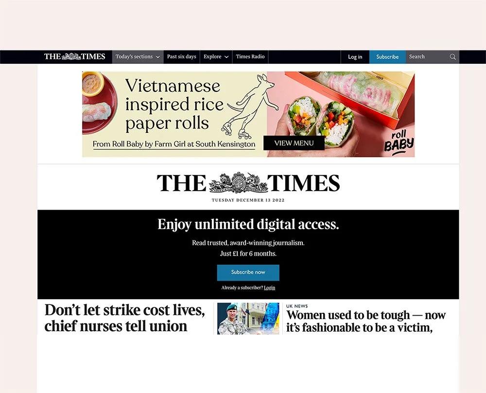 A screenshot of The Times website showing a Vietnamese-inspired rice paper roll advertisement at the top, followed by the newspaper's masthead, date, and a subscription promotion. Below are headlines about nurses and women in Uk news.