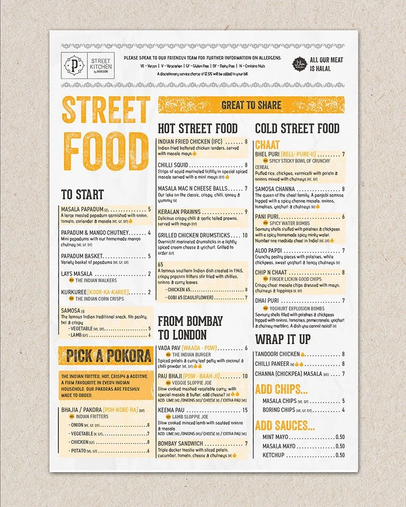 Restaurant menu design for Papa Dum