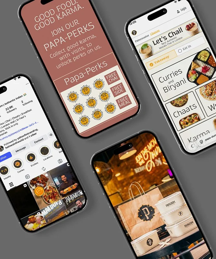 Restaurant marketing work for Papa Dum featuring five smartphones displaying different food-related apps and promotional content on a grey background.