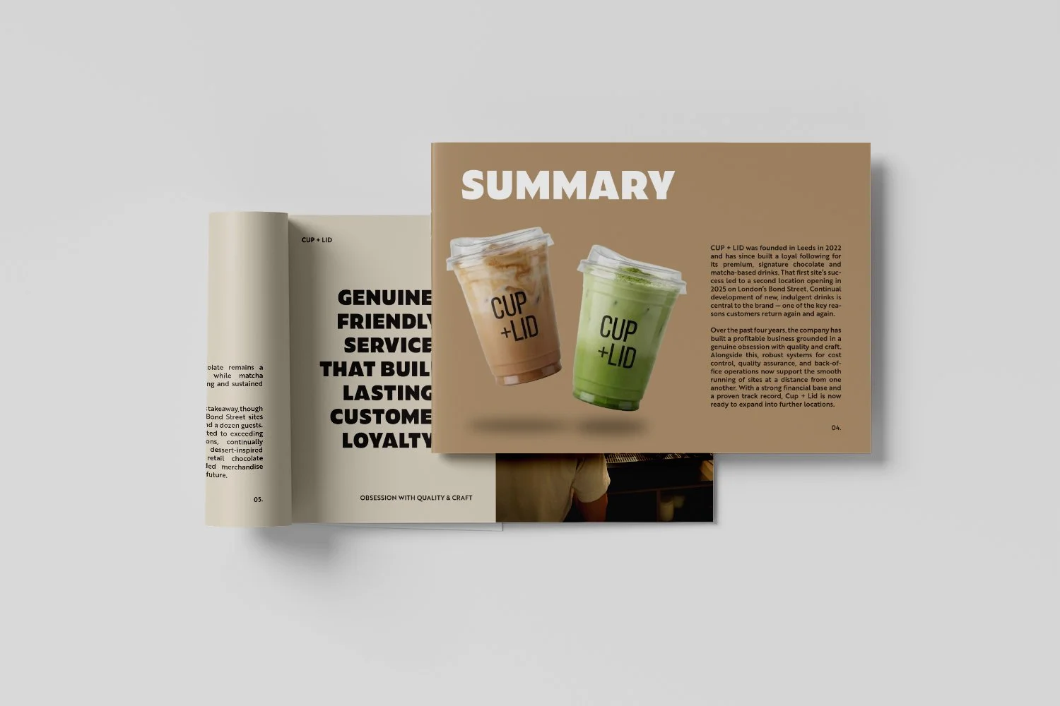 Open restaurant landlord with a brown page titled "SUMMARY" showing images of two iced drinks, one brown and one green, in plastic cups labeled "CUP + LID". Behind this page, another page with bold black text and a smaller image is partially visible.