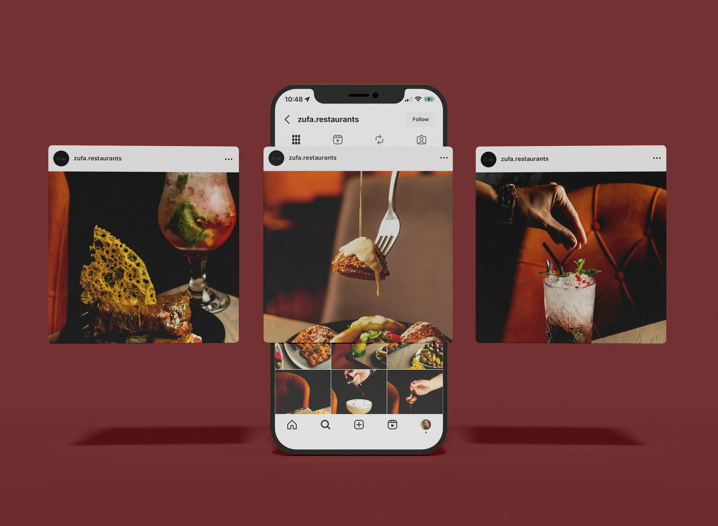 Restaurant marketing work featuring a smartphone screen displaying an Instagram profile of 'zufa.restaurants' with posts of food and drinks, including a cake, a cocktail with a straw, and a dessert, against a burgundy background.