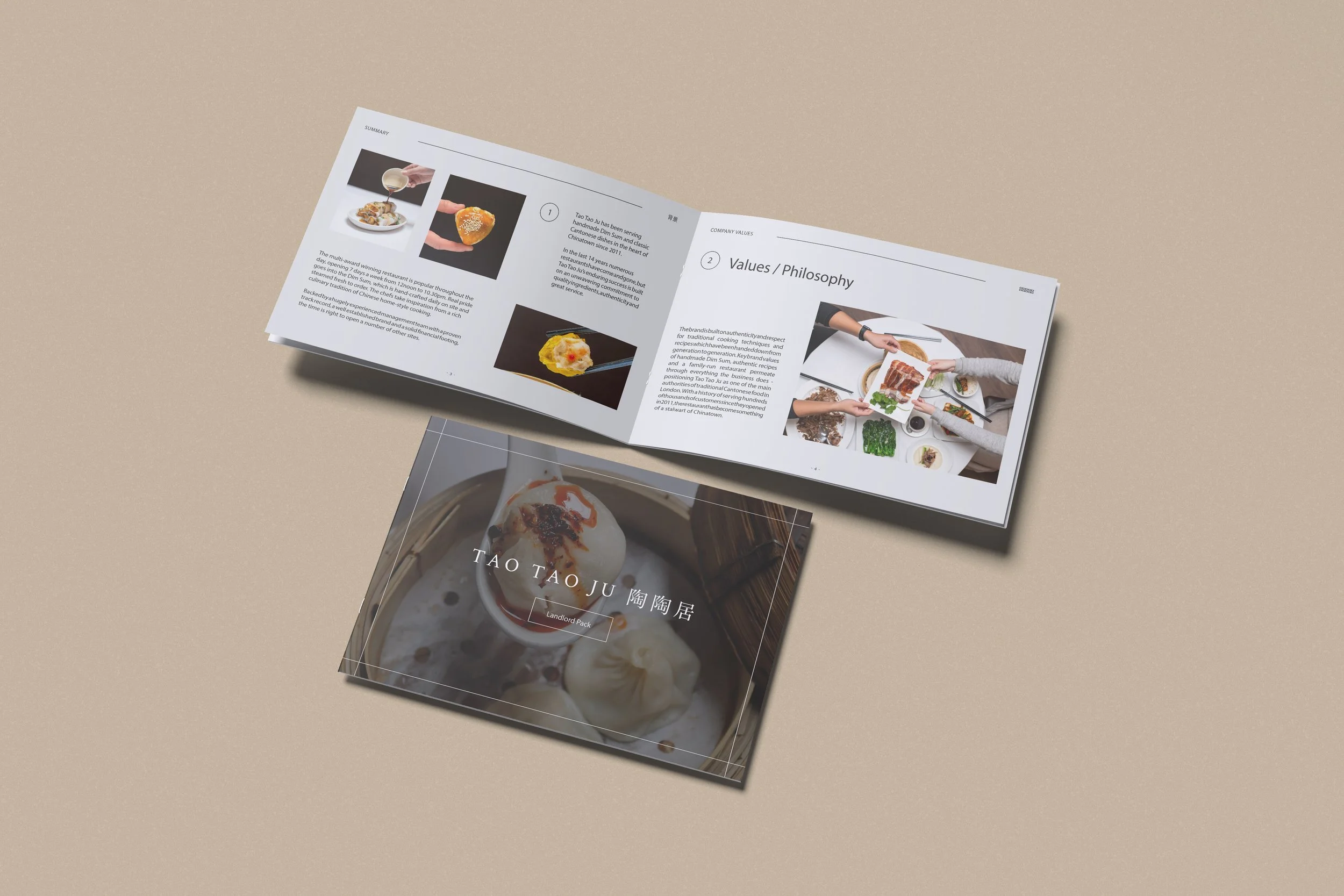 Open restaurant branding guides with images and text about food and a restaurant, placed on a beige surface.