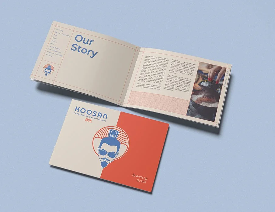 Open restaurant branding guide and closed branding guide with a stylized illustration of a man with sunglasses and hair styled in a traditional topknot on a light blue background.