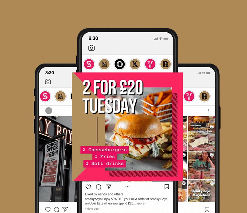 Mobile phones displaying social media posts, with a focus on a deal for two cheeseburgers, two fries, and two soft drinks for £20 at Smoky Boys, with a background of a brownish color.