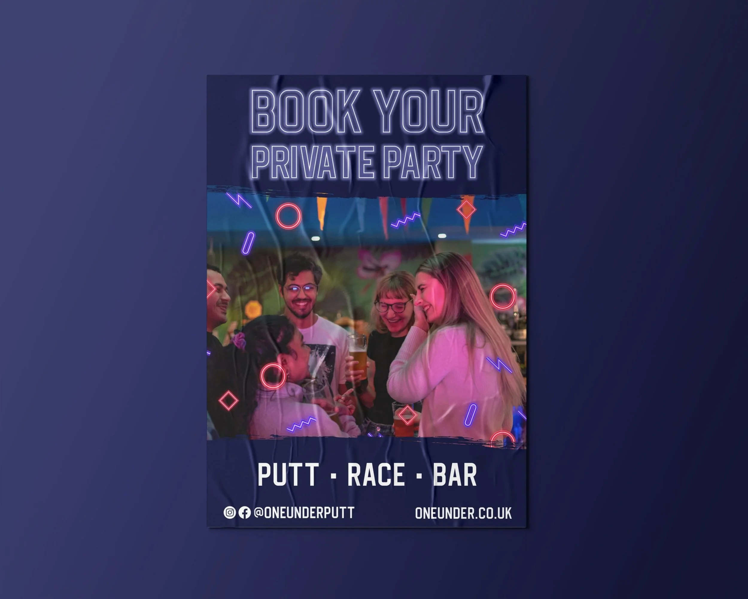 Neon sign reading 'Book Your Private Party' above a group of smiling young people at a bar.