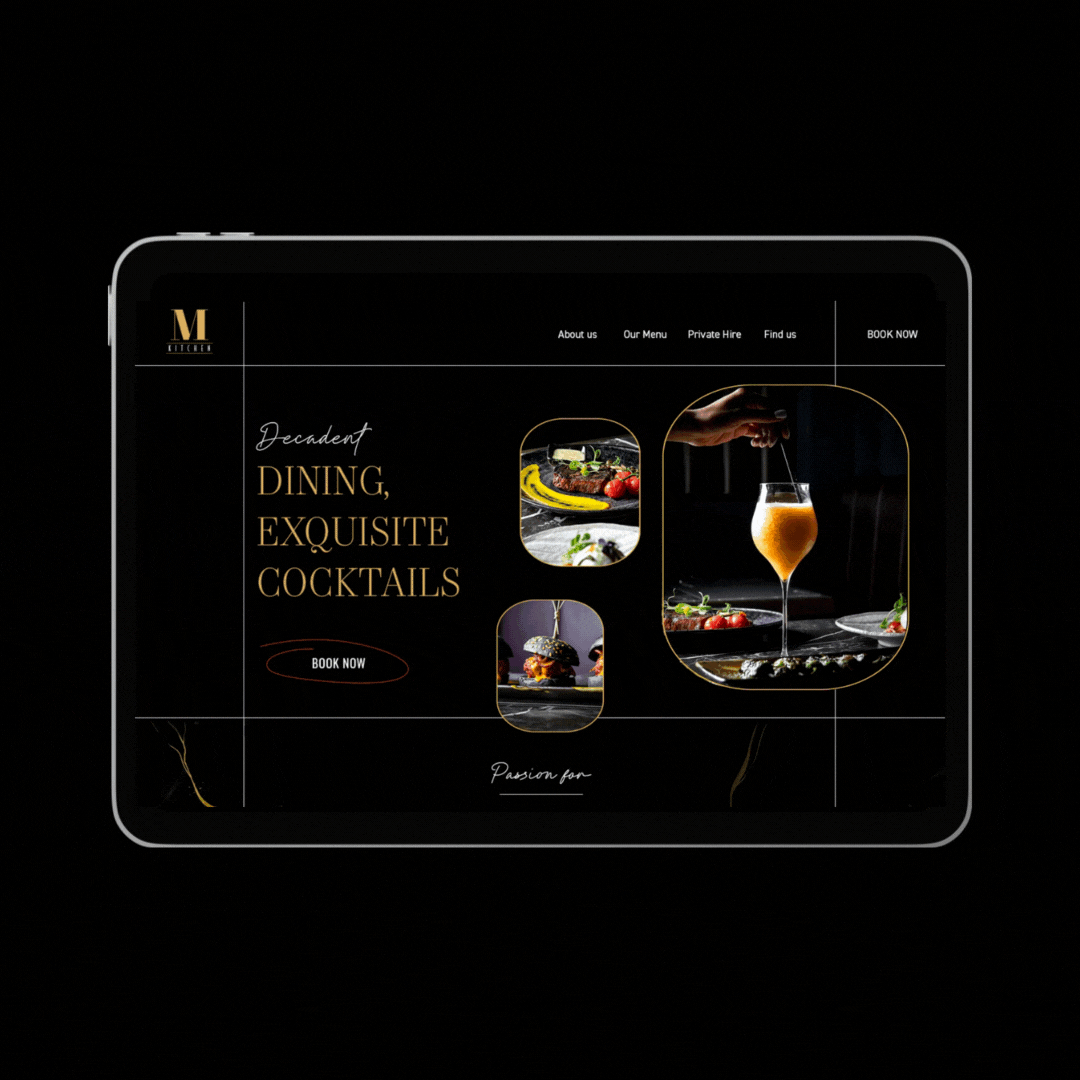 Restaurant website homepage featuring images of gourmet dishes and cocktails, with text promoting decadent dining and exquisite cocktails.