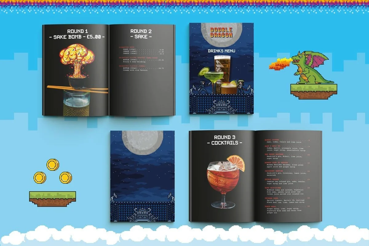 Open menu with pages showing drinks, a pixel art dragon breathing fire, coins, and a pixel art scene with a moon and clouds. The background is a pixelated sky.