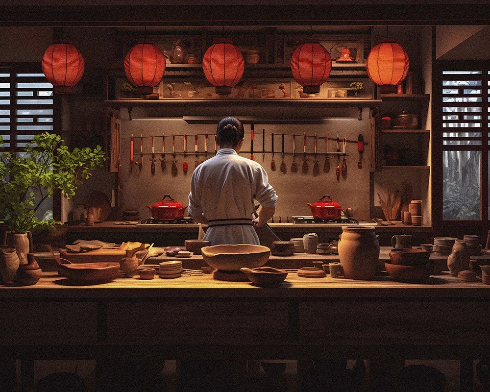A person in a white chef's coat stands in a traditional Asian-style kitchen with red lanterns hanging above, surrounded by pottery and cooking utensils.