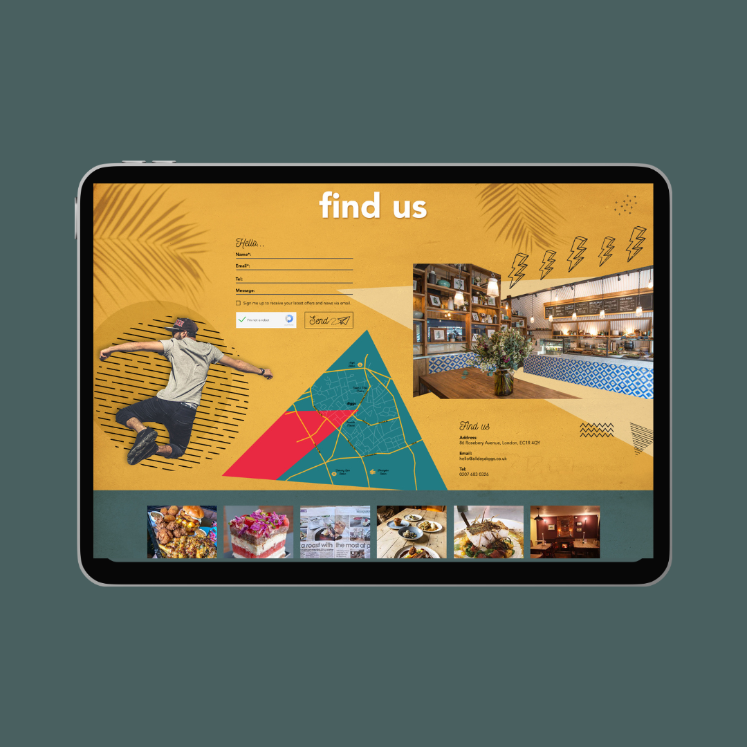 A digital tablet displaying a creative website with a 'find us' section, including a map, contact information, and interior photos of a restaurant or cafe, with a yellow background and graphic elements.