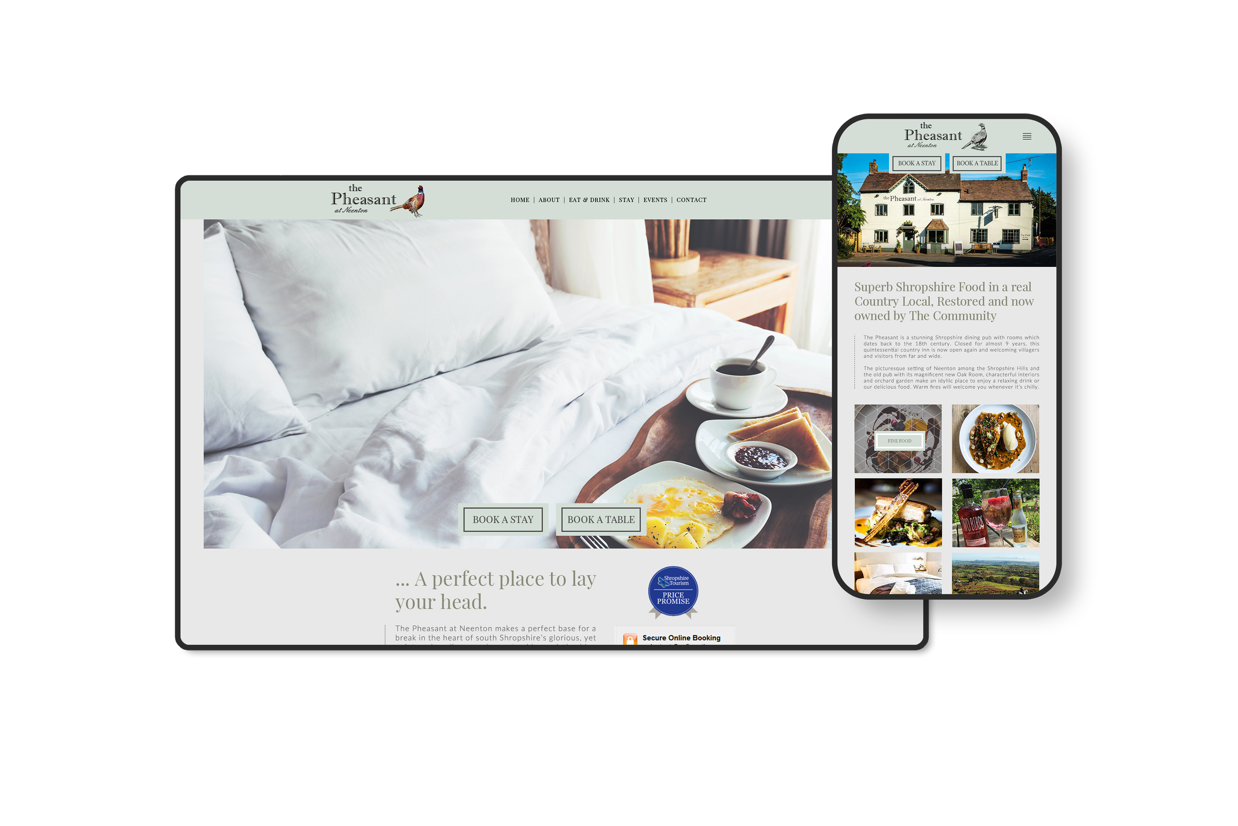 Screenshots of a hotel website for The Pheasant at Neenton, displaying a bed with breakfast food and a building with outdoor seating and a pond.