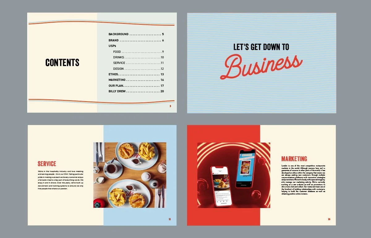 Restaurant Landlord Pack for Golden Union including the table of contents, a title slide saying "Let's get down to Business," and slides about service and marketing with images of food and mobile phones.