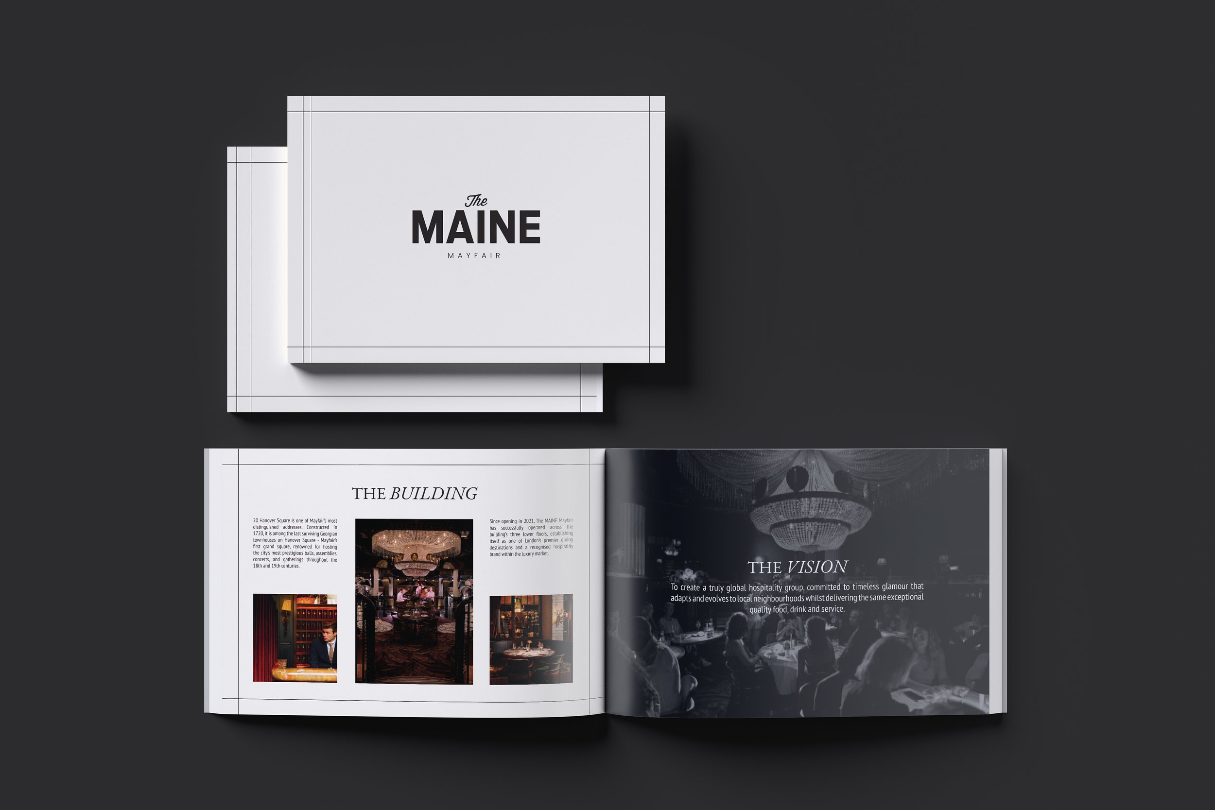 Landlord pack for The Maine mayfair, featuring images of elegant interior spaces and text about the building's history and vision.