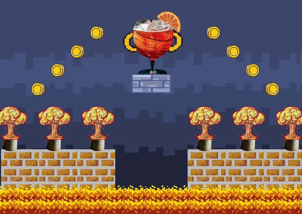 A pixel art style video game scene with a dark blue background, featuring a large cocktail glass with ice and an orange slice, floating above platforms made of bricks and lava, with pixelated coins and explosions resembling clouds with fire in a game environment.