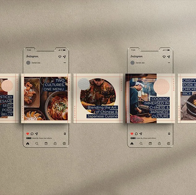 Three paper strips with printed images and texts about Chinese and Japanese cuisine, attached under paper shapes shaped like smartphone screens, hanging against a gray wall.