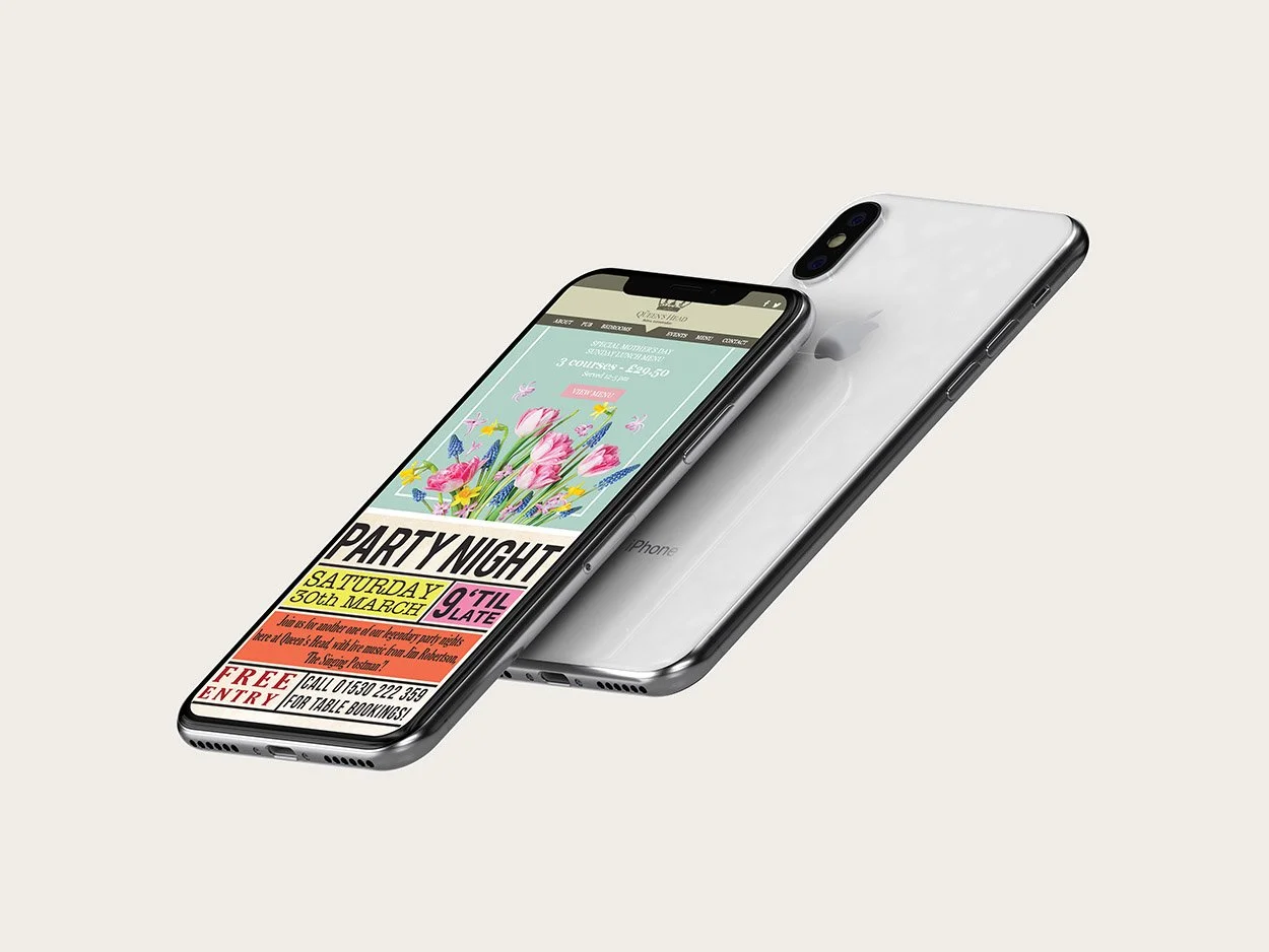Two Apple iPhones, one displaying a colorful event flyer for a party night, with floral and colorful design elements, and the other showing the back of a silver iPhone with dual cameras on a plain background.