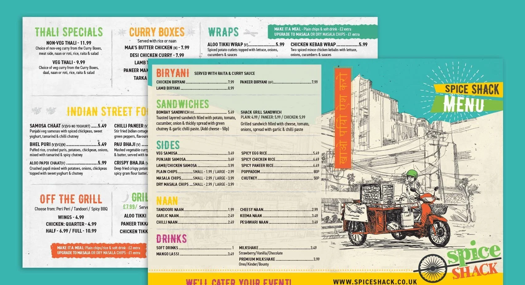 Restaurant menu design for Spice Shack featuring sections for thali specials, curry boxes, wraps, biryani, sandwiches, sides, naan, drinks, and an illustration of a woman riding a scooter on a street with buildings and power lines.