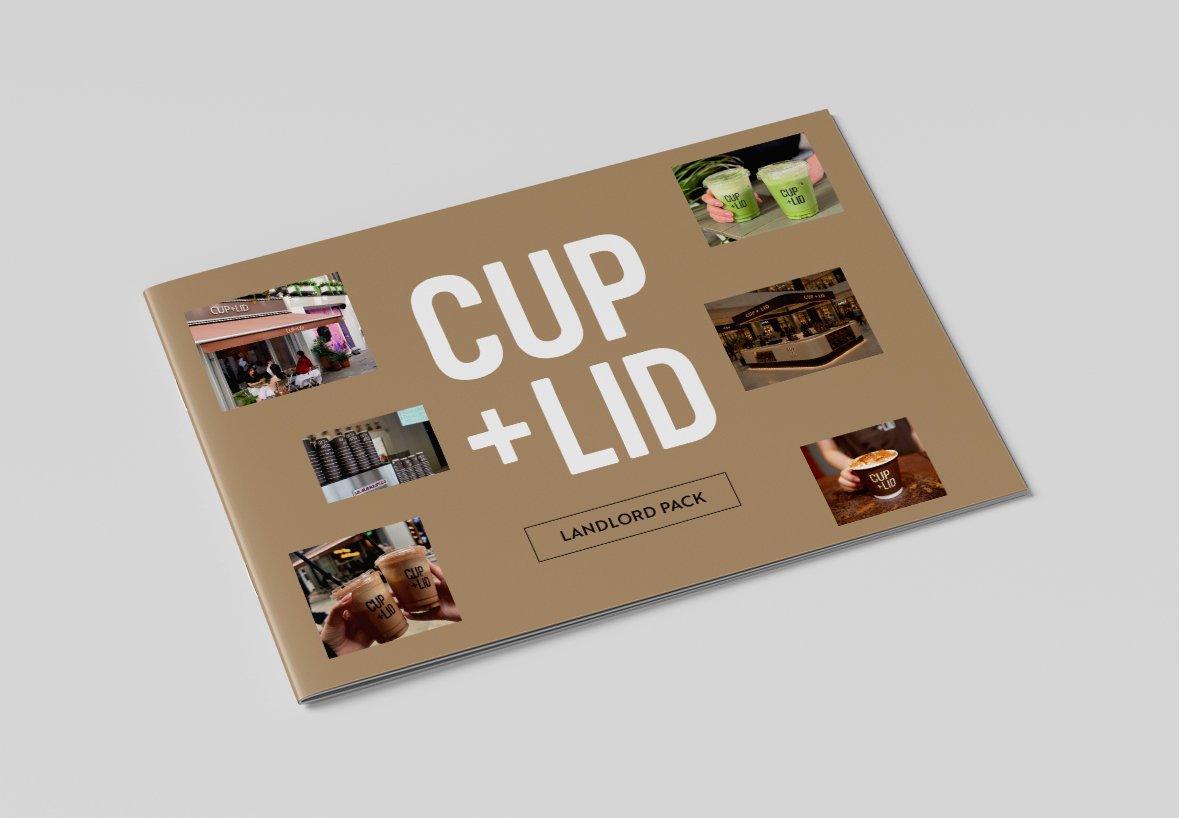 Brochure titled 'CUP + LID LANDLORD PACK' with images of cafe scenes, cups and lids, and a coffee shop interior.