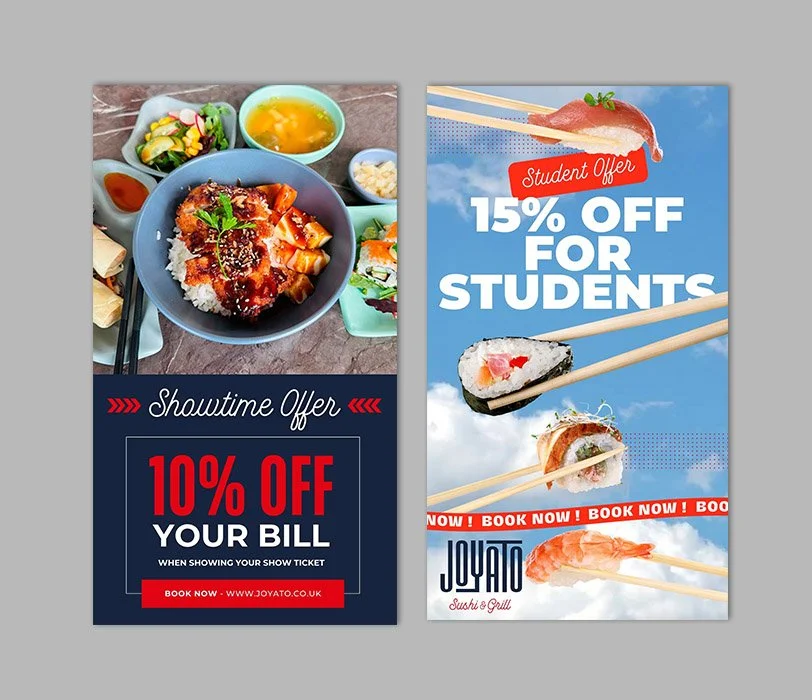Two promotional flyers, one for a restaurant and one for a sushi bar. The first flyer shows a meal with rice, sliced meat, salad, soup, and condiments with a 10% discount offer. The second flyer displays sushi pieces with a 15% student discount.