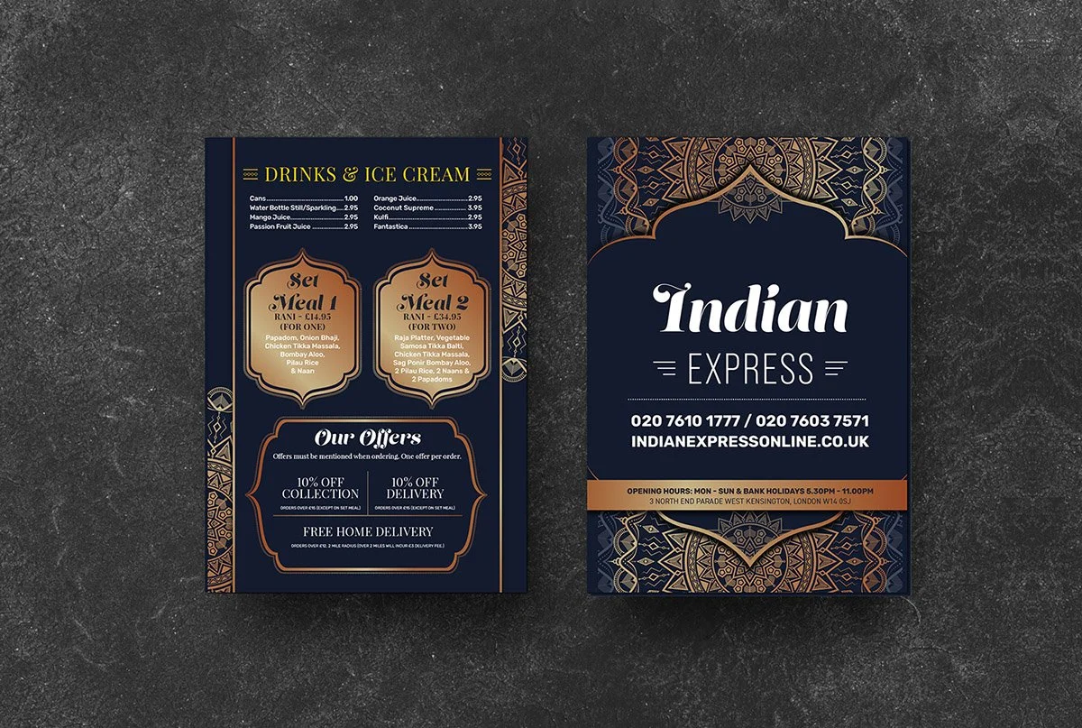 A restaurant menu for Indian Express featuring drinks, ice cream, set meals, and offers, with a decorative blue and gold design.