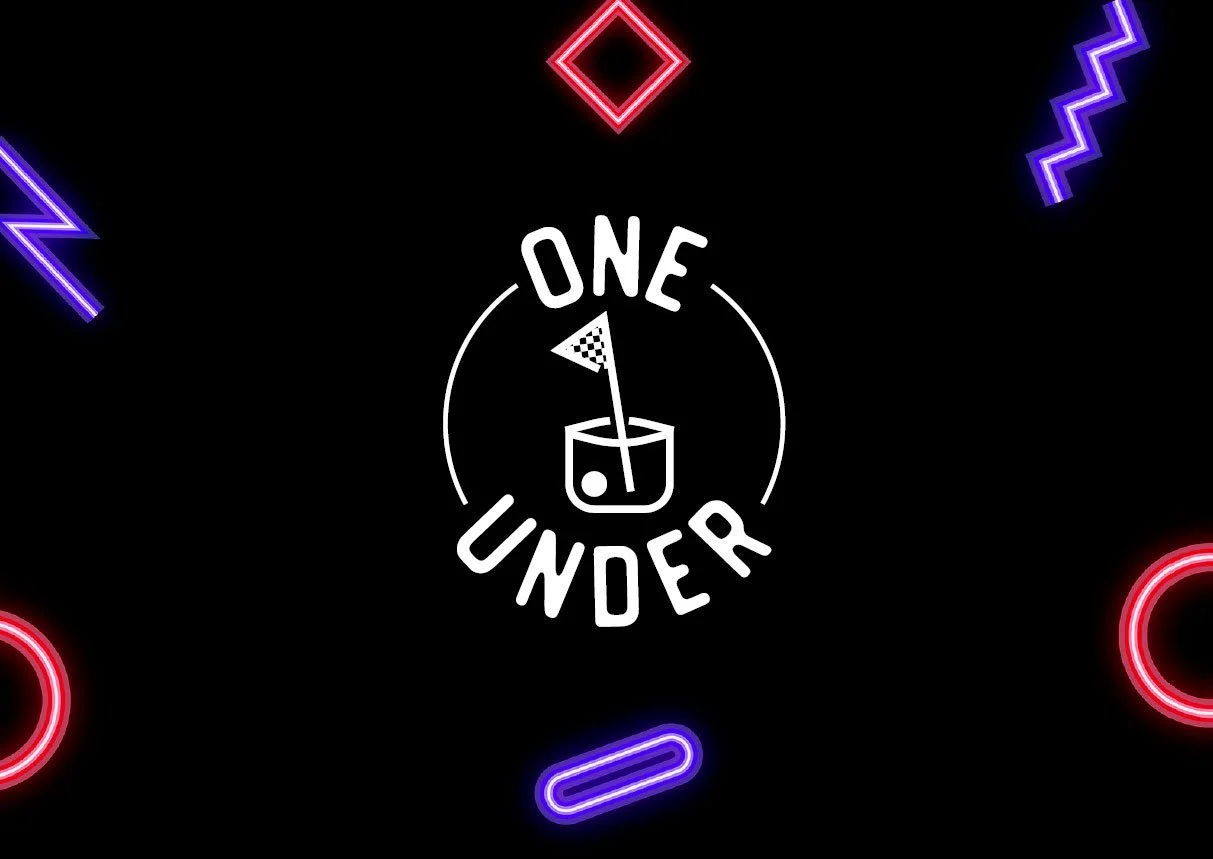 Neon signs with the phrase 'ONE UNDER' surrounding a golf ball with a flag, set against a black background, decorated with various geometric and zigzag neon shapes in red, blue, and purple.