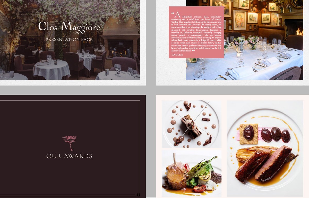 Restaurant Landlord Pack for Clos Maggiore, featuring images of a romantic dining interior, a decorated dining table, and assorted gourmet dishes including chocolate dessert, lamb chop, and beef with sauce.