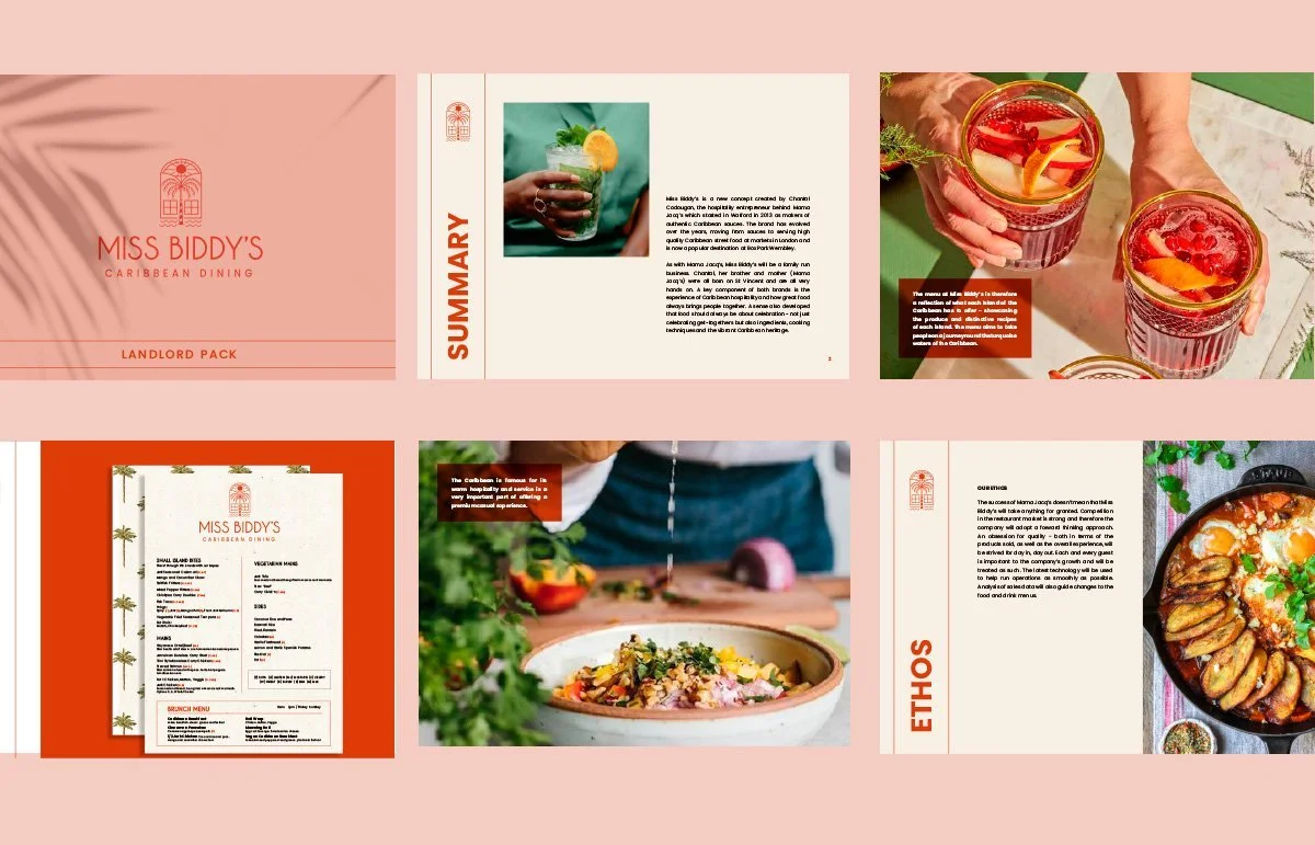 A brochure for Miss Biddy's Caribbean Dining, featuring images of colorful cocktails, a chef preparing a dish, and a menu with various Caribbean dishes.