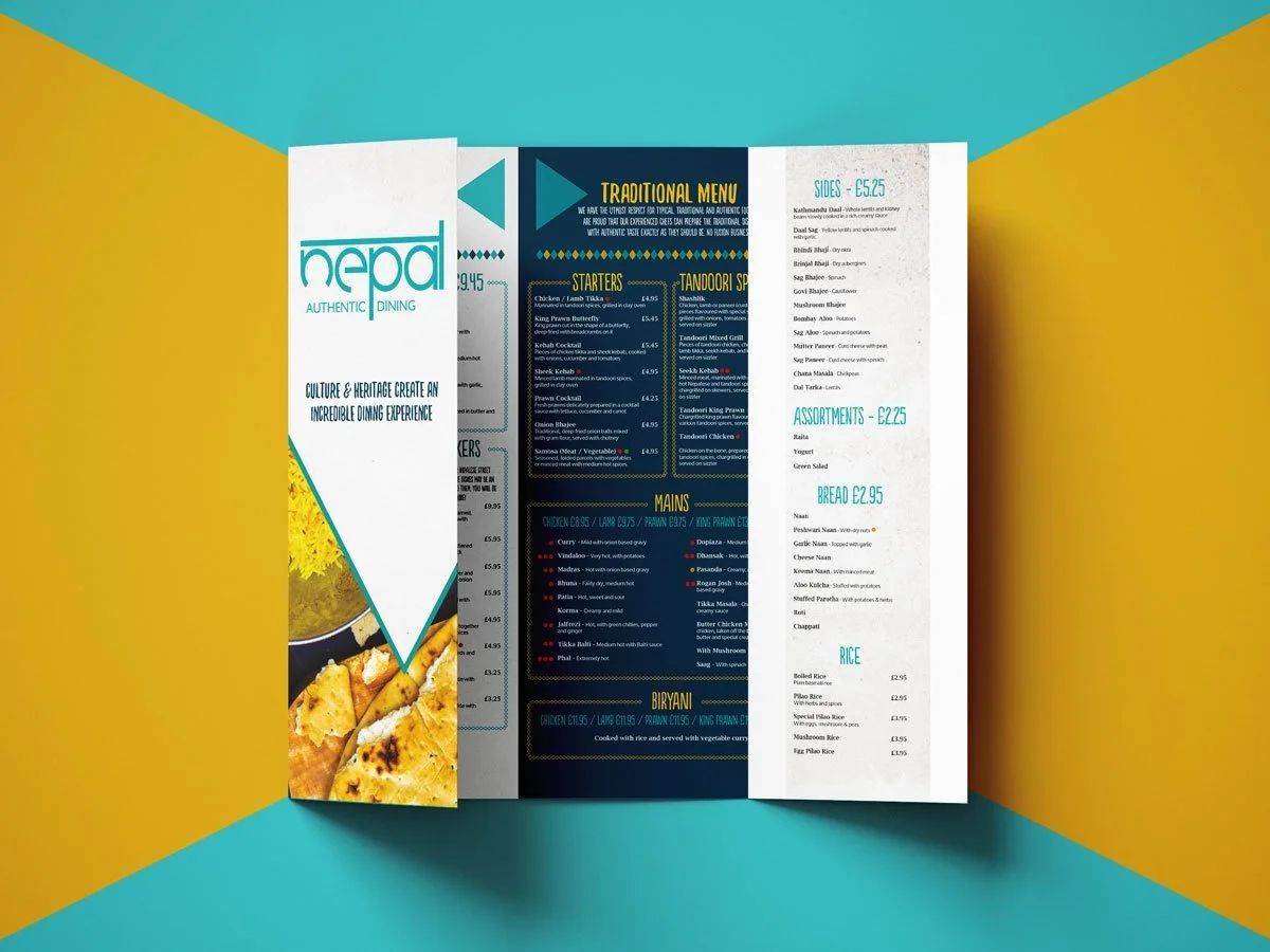 Triptych menu for an Indian restaurant called Nepal, featuring sections for traditional menu, starters, tandoori specialties, mains, biryani, sides, desserts, and beverages, with prices listed in British pounds.