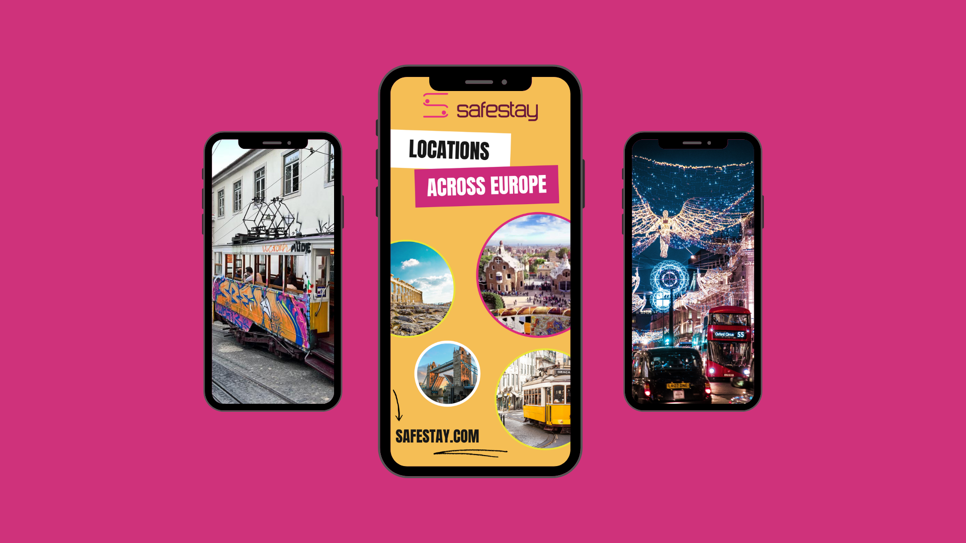 Screenshot of a mobile app called Safestay showing locations across Europe, with images of cities and landmarks, and a map background on a pink backdrop.