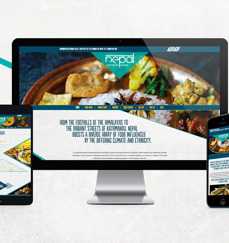 Website displaying Nepalese restaurant dining options on a computer and mobile devices, featuring images of traditional Nepali dishes.